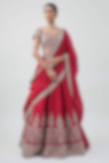 Red Raw Silk Hand Embroidered Bridal Lehenga Set by Jayanti Reddy at Pernia's Pop Up Shop
