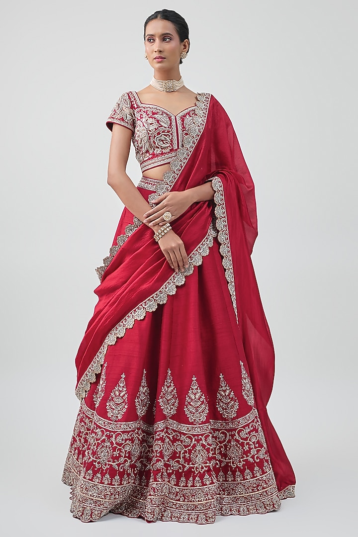 Red Raw Silk Hand Embroidered Bridal Lehenga Set by Jayanti Reddy at Pernia's Pop Up Shop