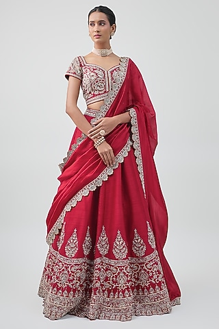 Red Raw Silk Hand Embroidered Lehenga Set by Jayanti Reddy
