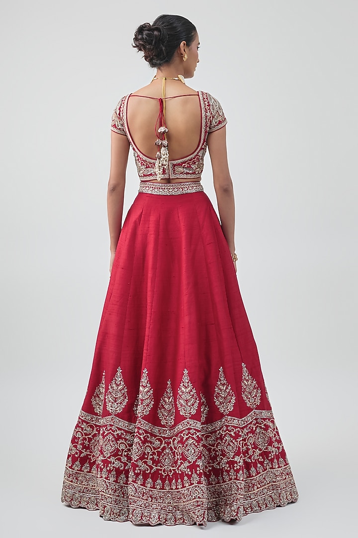 Red Raw Silk Hand Embroidered Bridal Lehenga Set by Jayanti Reddy at Pernia's Pop Up Shop