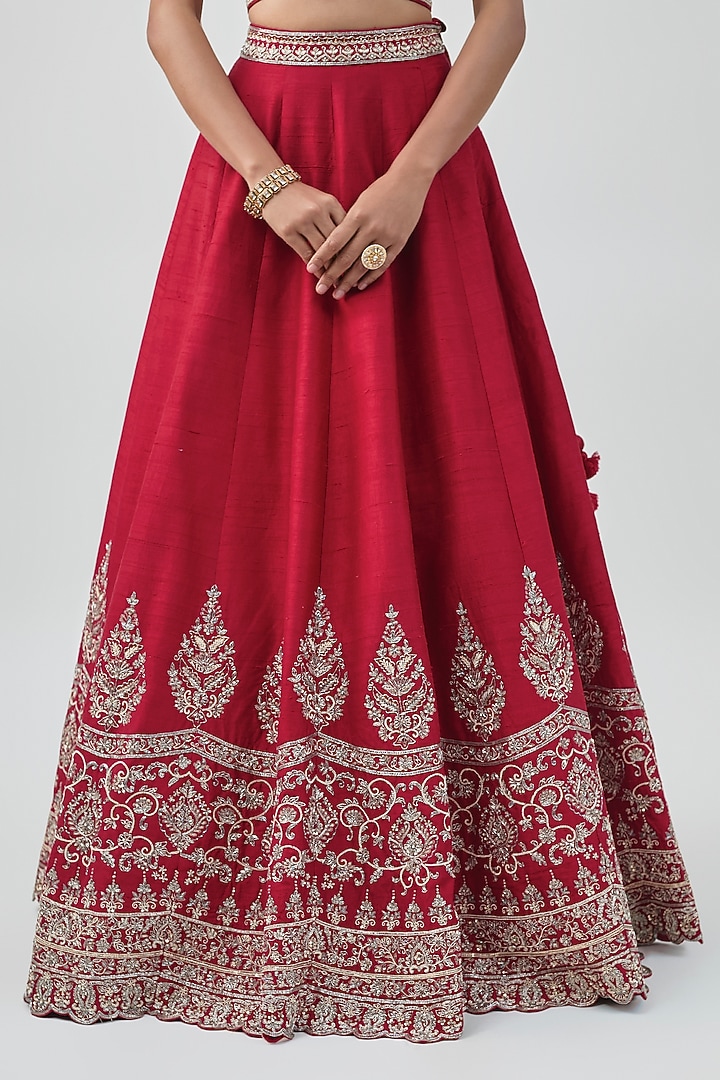 Red Raw Silk Hand Embroidered Bridal Lehenga Set by Jayanti Reddy at Pernia's Pop Up Shop