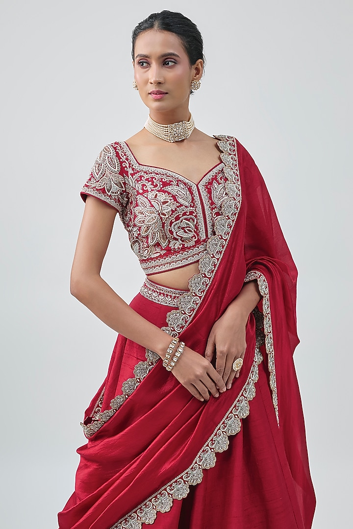 Red Raw Silk Hand Embroidered Bridal Lehenga Set by Jayanti Reddy at Pernia's Pop Up Shop