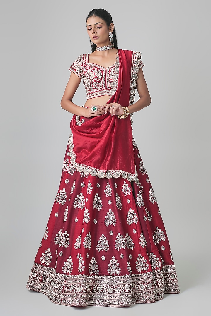 Red & Maroon Raw Silk Hand Embroidered Bridal Lehenga Set by Jayanti Reddy at Pernia's Pop Up Shop