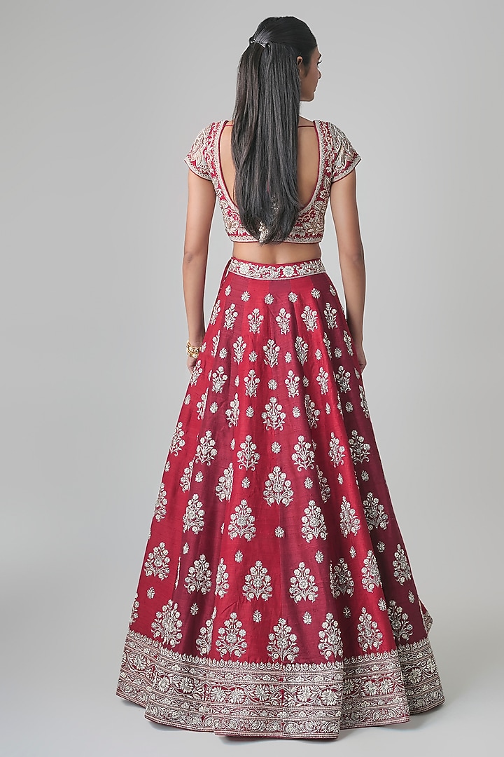 Red & Maroon Raw Silk Hand Embroidered Bridal Lehenga Set by Jayanti Reddy at Pernia's Pop Up Shop