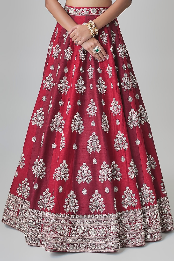 Red & Maroon Raw Silk Hand Embroidered Bridal Lehenga Set by Jayanti Reddy at Pernia's Pop Up Shop