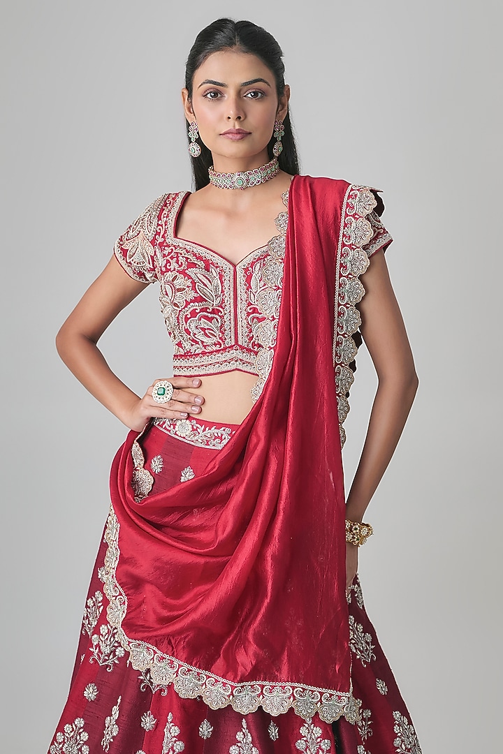Red & Maroon Raw Silk Hand Embroidered Bridal Lehenga Set by Jayanti Reddy at Pernia's Pop Up Shop
