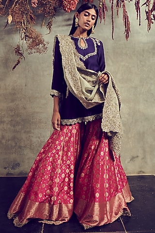 Red Banarasi Sharara Set by Jayanti Reddy