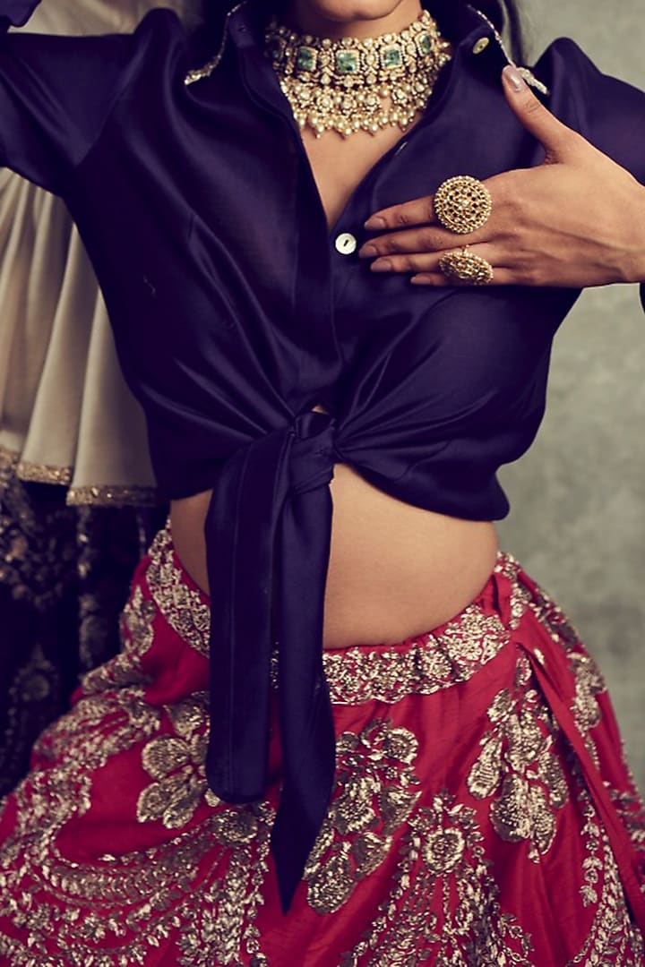 Red Raw Silk Embroidered Bridal Lehenga Set by Jayanti Reddy at Pernia's Pop Up Shop