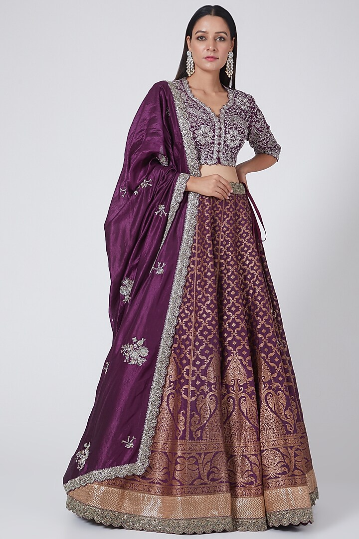 Purple Banarasi & Raw Silk Embroidered Bridal Lehenga Set by Jayanti Reddy at Pernia's Pop Up Shop