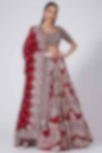 Red Raw Silk Embroidered Lehenga Set by Jayanti Reddy