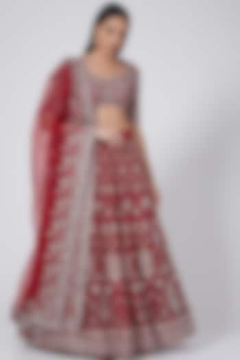 Red Raw Silk Embroidered Lehenga Set by Jayanti Reddy