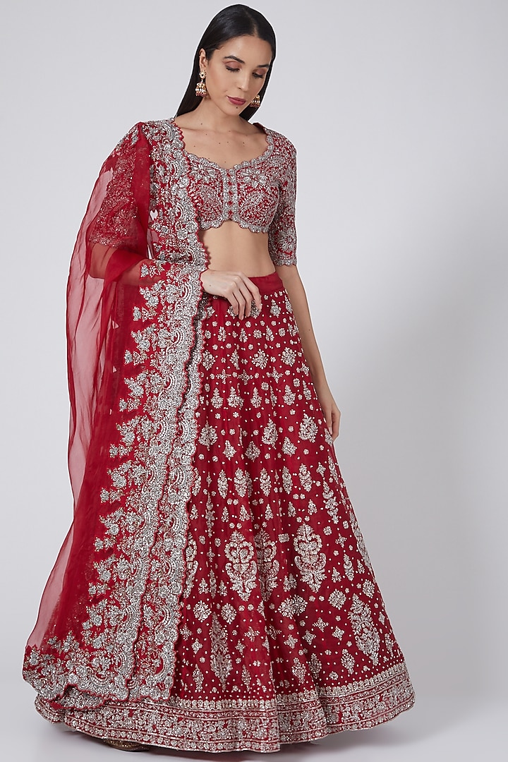 Red Raw Silk Embroidered Lehenga Set by Jayanti Reddy