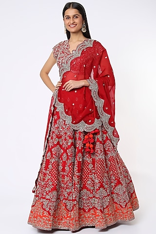 Red Raw Silk Embroidered Lehenga Set by Jayanti Reddy