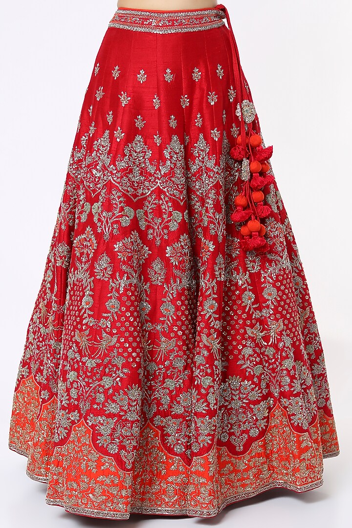 Red Raw Silk Embroidered Bridal Lehenga Set by Jayanti Reddy at Pernia's Pop Up Shop