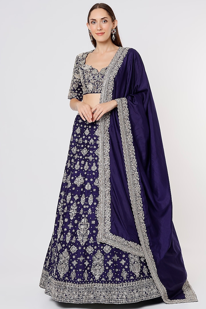 Purple Raw Silk Embroidered Bridal Lehenga Set by Jayanti Reddy at Pernia's Pop Up Shop