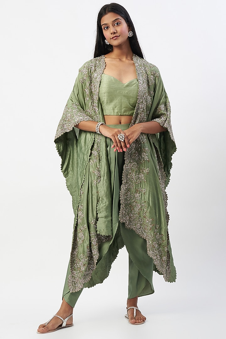Olive Green Embroidered Cape Set by Jayanti Reddy at Pernia's Pop Up Shop