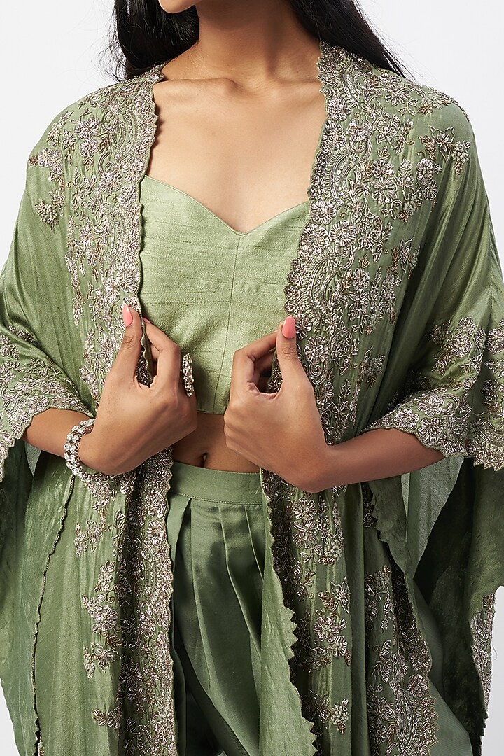 Olive Green Embroidered Cape Set by Jayanti Reddy at Pernia's Pop Up Shop