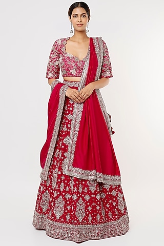 Red Raw Silk Embroidered Lehenga Set by Jayanti Reddy