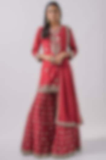 Red Silk Embroidered Sharara Set by Jayanti Reddy at Pernia's Pop Up Shop