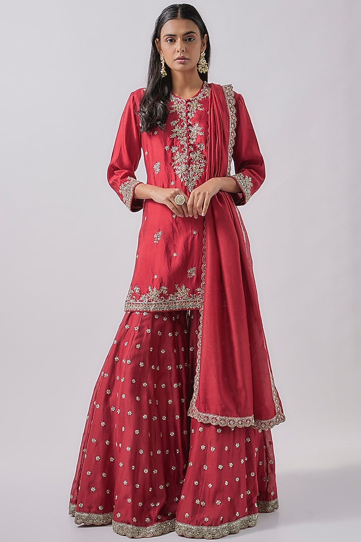 Red Silk Embroidered Sharara Set by Jayanti Reddy at Pernia's Pop Up Shop