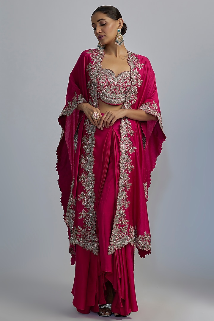 Pink Silk Embroidered Cape Set by Jayanti Reddy