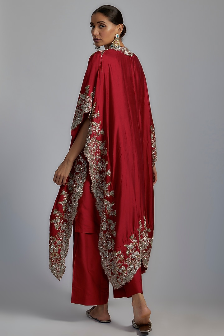 Red Silk Embroidered Cape Set by Jayanti Reddy at Pernia's Pop Up Shop