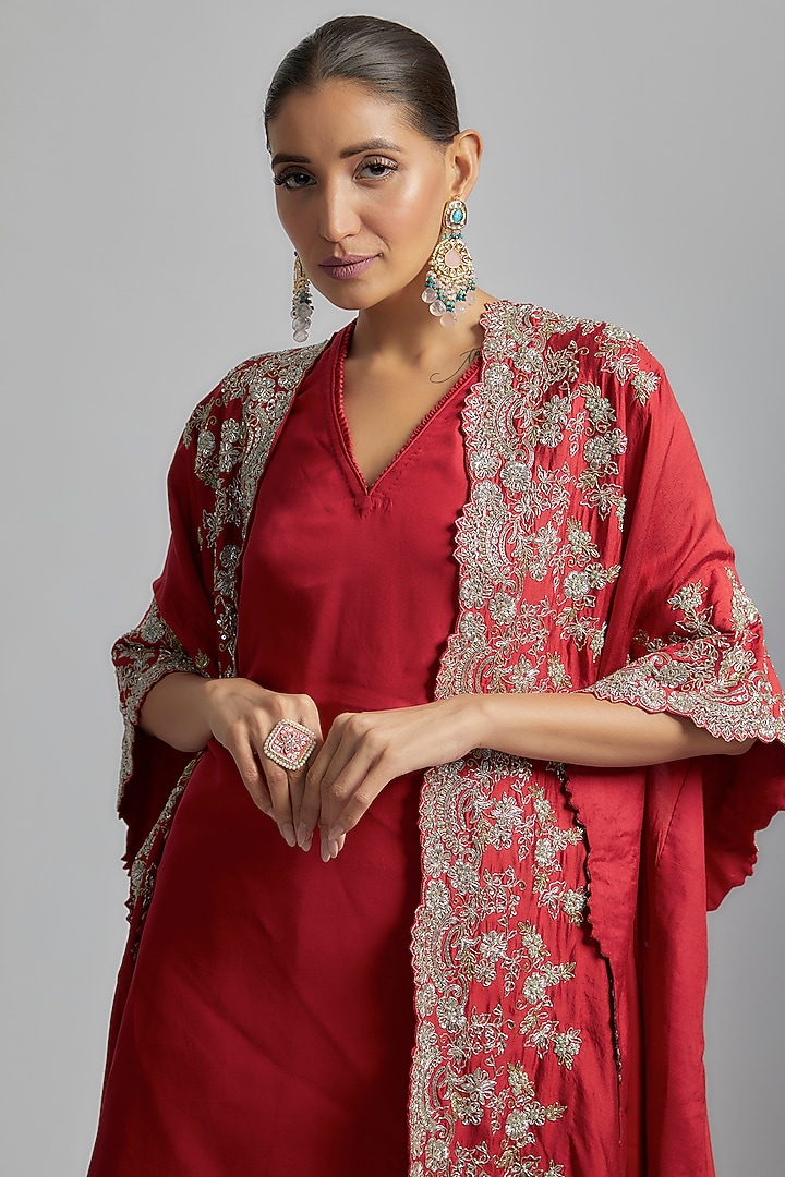 Red Silk Embroidered Cape Set by Jayanti Reddy at Pernia's Pop Up Shop