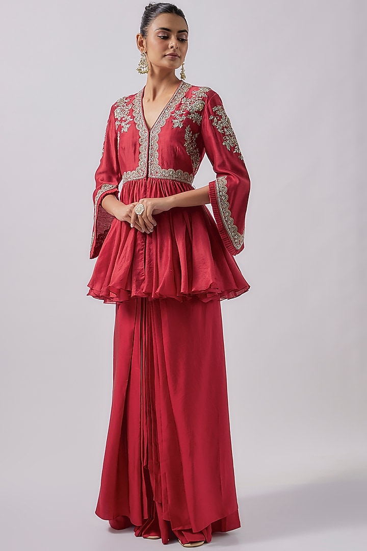 Red Silk Cowl Skirt Set by Jayanti Reddy
