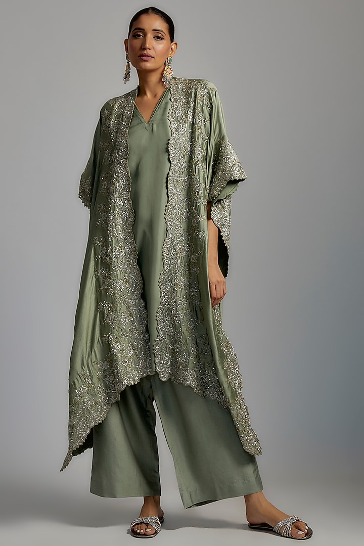 Mint Green Silk Embroidered Cape Set by Jayanti Reddy