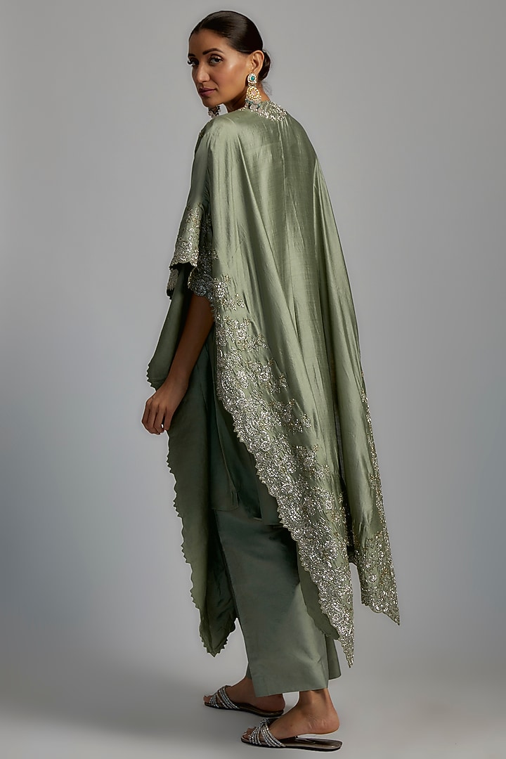Mint Green Silk Embroidered Cape Set by Jayanti Reddy at Pernia's Pop Up Shop
