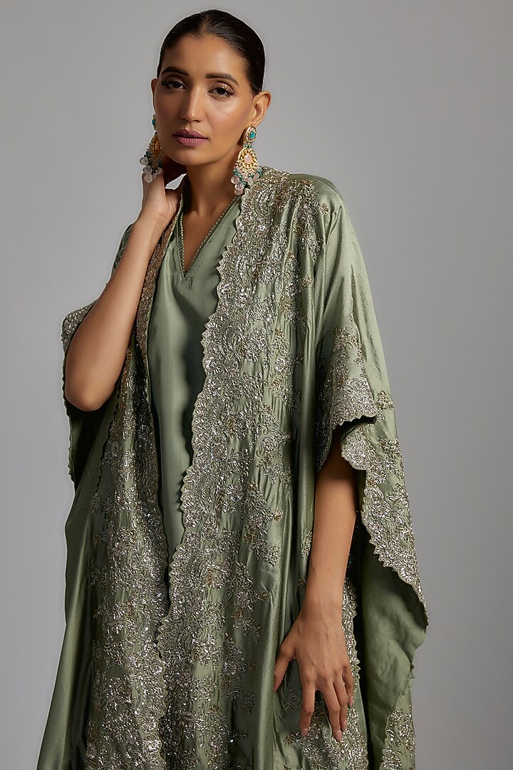 Mint Green Silk Embroidered Cape Set by Jayanti Reddy at Pernia's Pop Up Shop