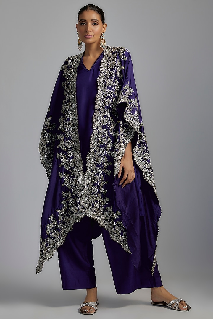 Navy Blue Silk Embroidered Cape Set by Jayanti Reddy