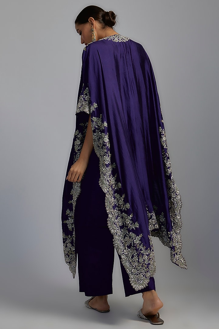 Navy Blue Silk Embroidered Cape Set by Jayanti Reddy at Pernia's Pop Up Shop