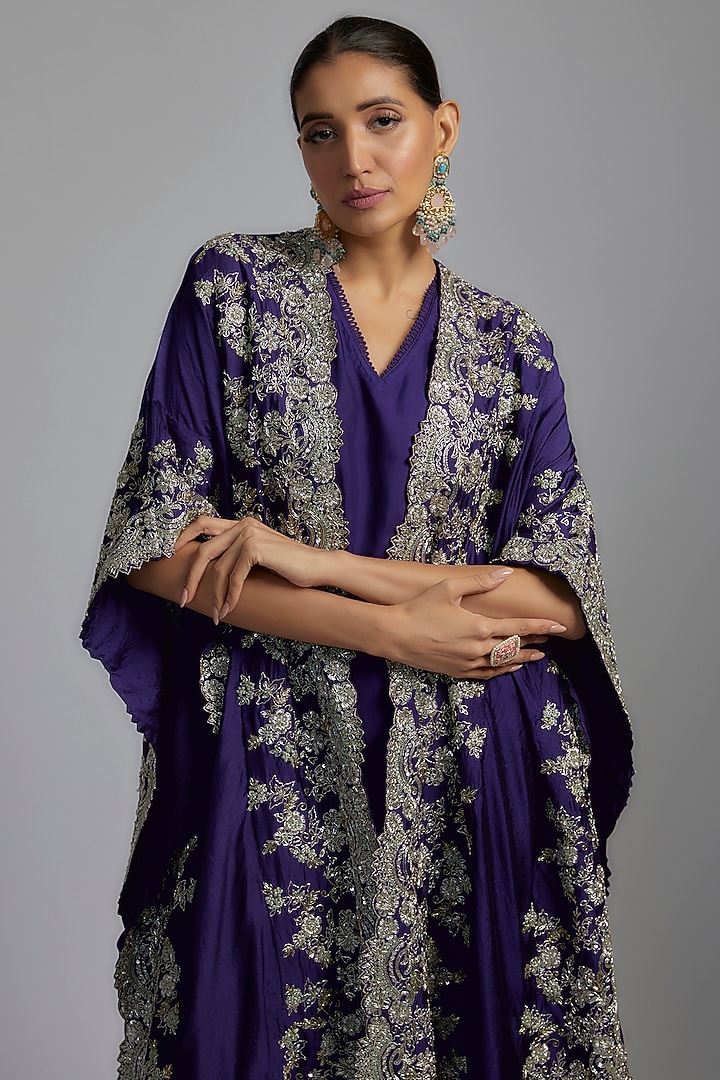 Navy Blue Silk Embroidered Cape Set by Jayanti Reddy at Pernia's Pop Up Shop