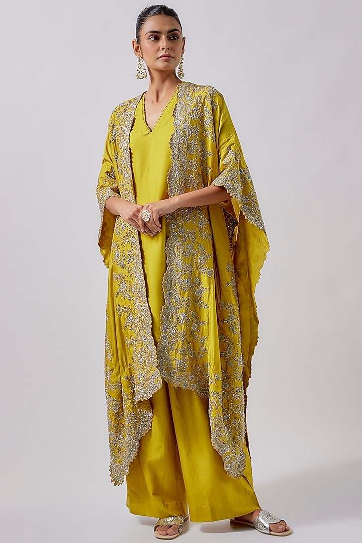 Yellow Silk Embroidered Cape Set by Jayanti Reddy