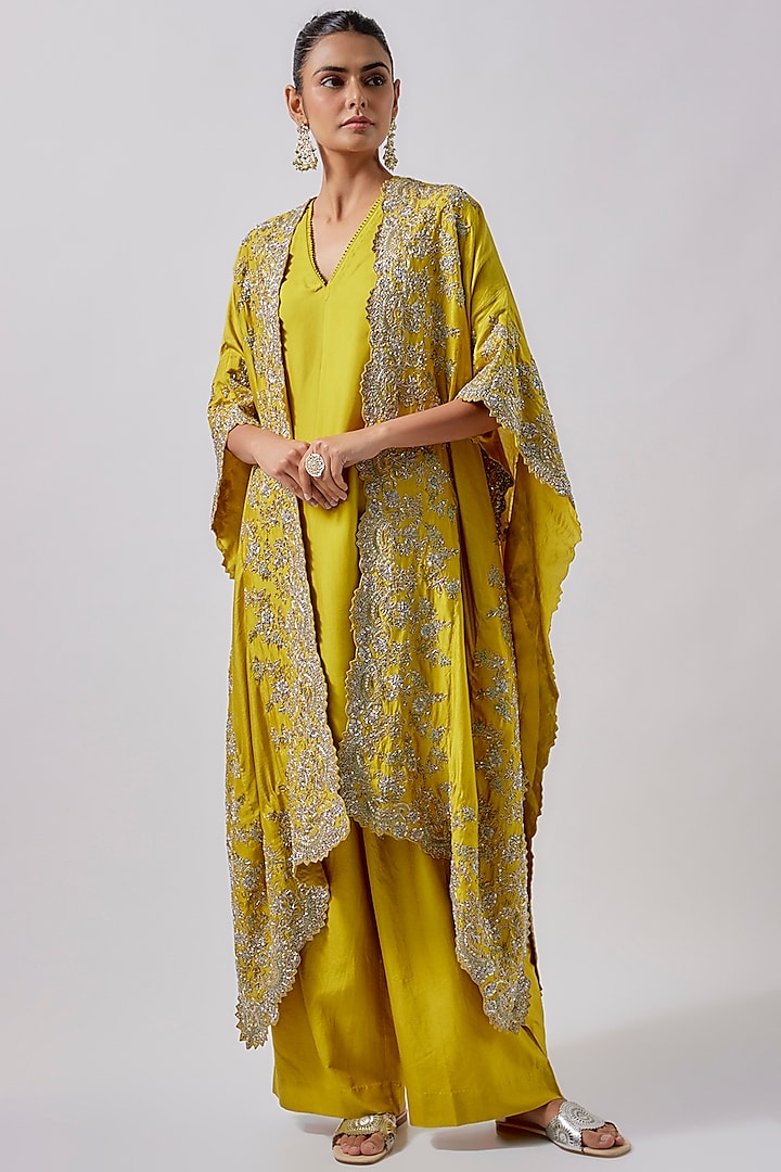 Yellow Silk Embroidered Cape Set by Jayanti Reddy at Pernia's Pop Up Shop