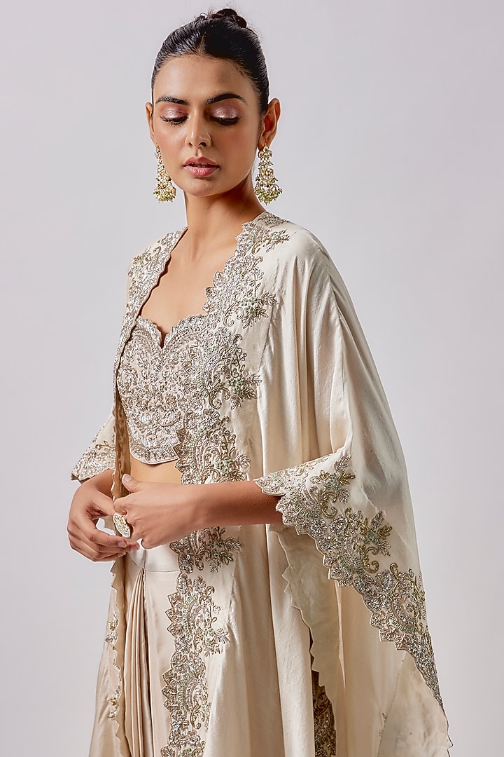 Beige Silk Embroidered Cape Set by Jayanti Reddy at Pernia's Pop Up Shop