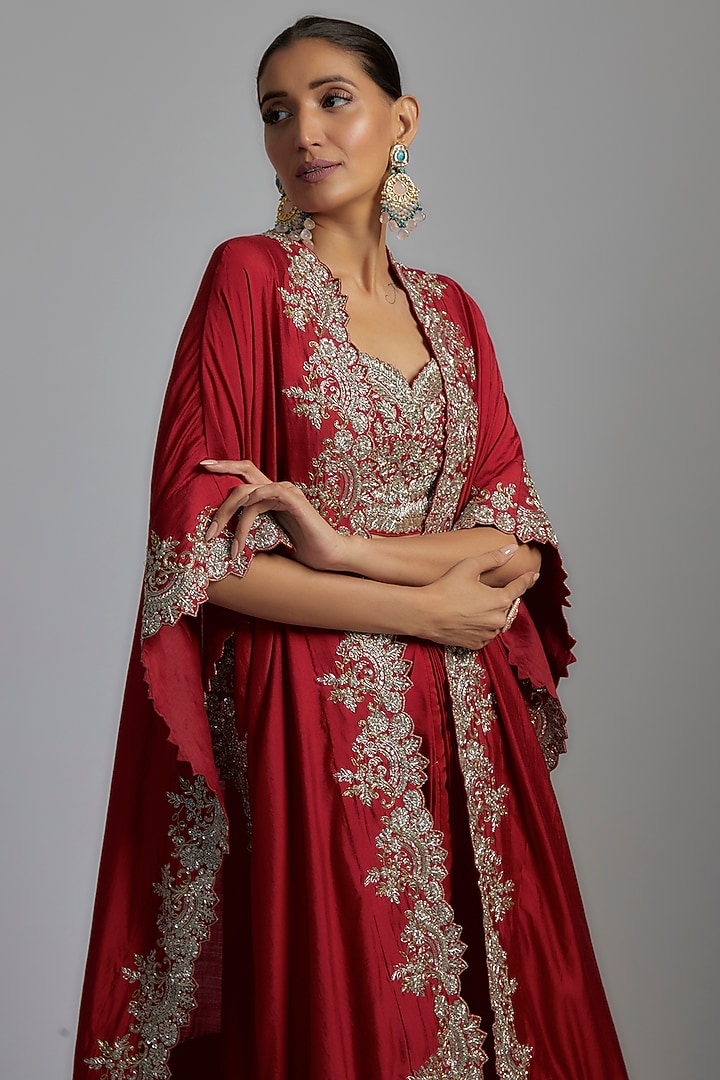 Red Silk Embroidered Cape Set by Jayanti Reddy at Pernia's Pop Up Shop