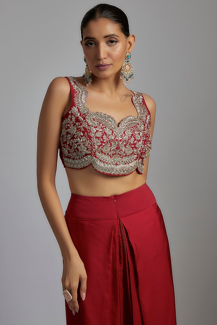 Red Silk Embroidered Cape Set by Jayanti Reddy at Pernia's Pop Up Shop