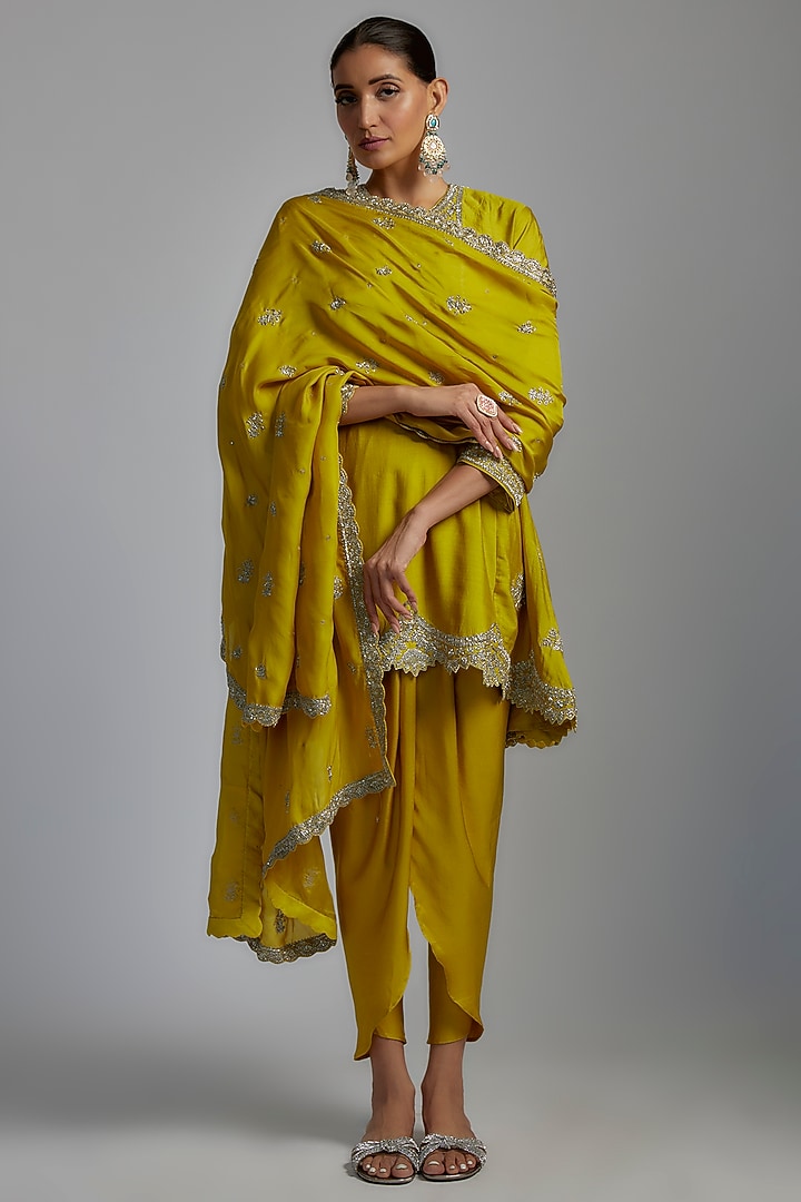 Mustard Silk Embroidered Tunic Set by Jayanti Reddy at Pernia's Pop Up Shop
