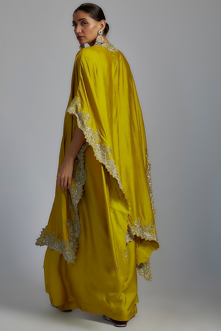 Mustard Silk Embroidered Cape Set by Jayanti Reddy at Pernia's Pop Up Shop
