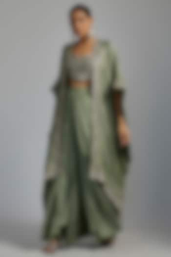 Mint Green Silk Embroidered Cape Set by Jayanti Reddy