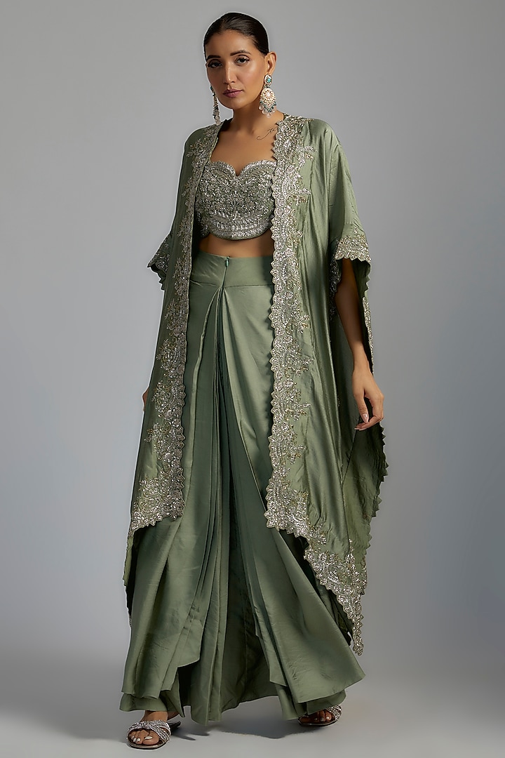 Mint Green Silk Embroidered Cape Set by Jayanti Reddy