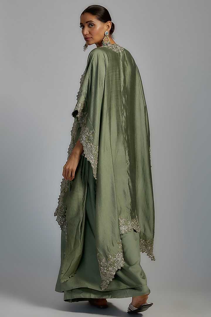 Mint Green Silk Embroidered Cape Set by Jayanti Reddy at Pernia's Pop Up Shop