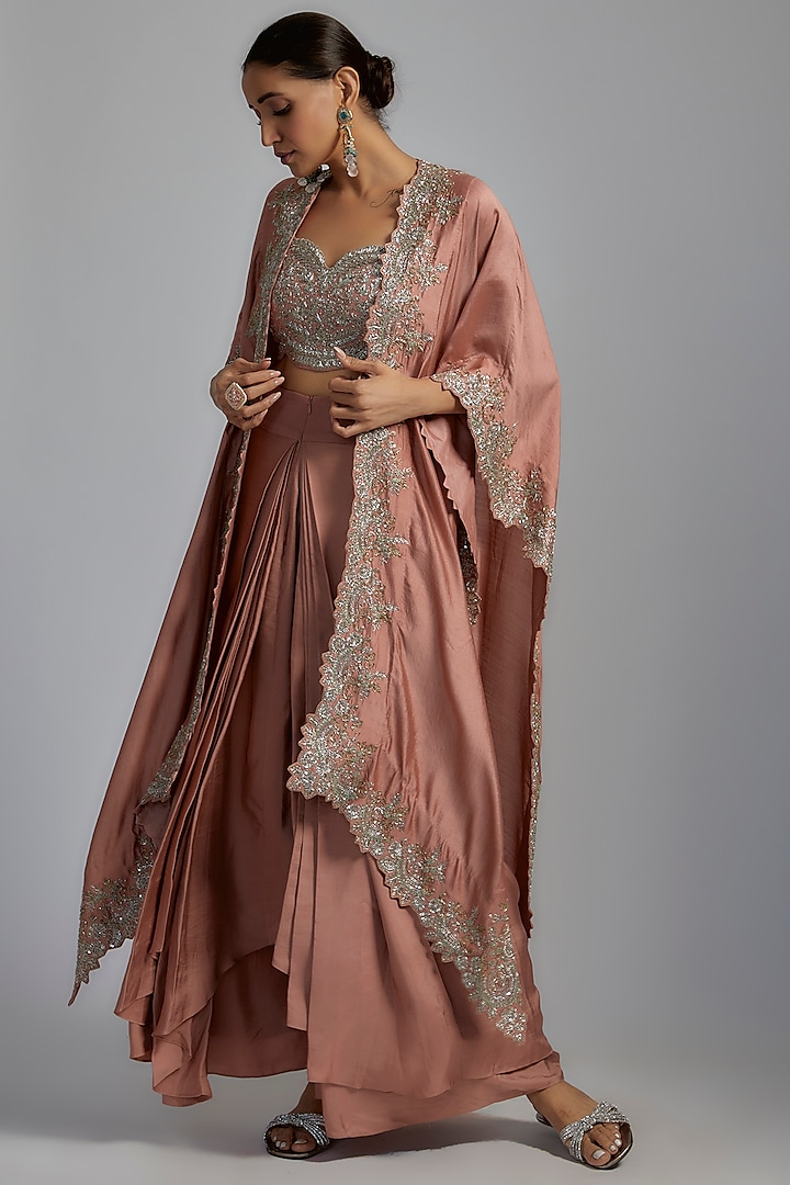 Peach Silk Embroidered Cape Set by Jayanti Reddy