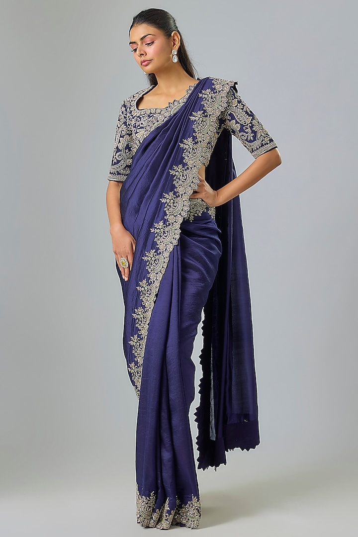 Purple Silk Zardosi Embroidered Bridal Saree Set by Jayanti Reddy at Pernia's Pop Up Shop