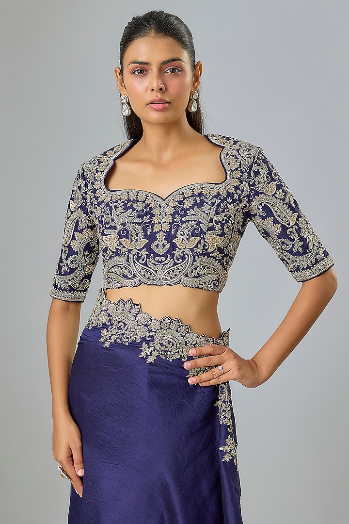 Purple Silk Zardosi Embroidered Bridal Saree Set by Jayanti Reddy at Pernia's Pop Up Shop