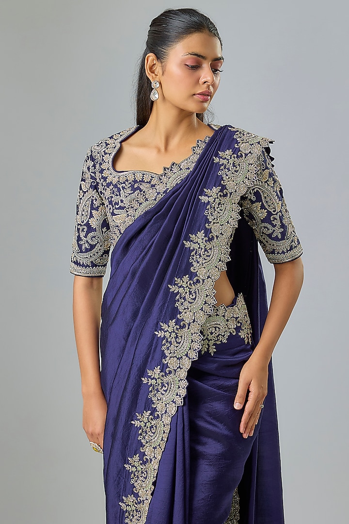Purple Silk Zardosi Embroidered Bridal Saree Set by Jayanti Reddy at Pernia's Pop Up Shop