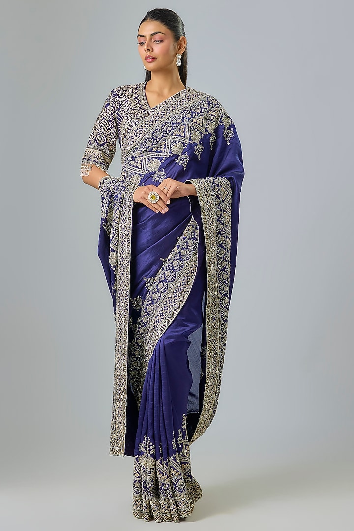 Purple Silk Zardosi Embroidered Bridal Saree Set by Jayanti Reddy at Pernia's Pop Up Shop