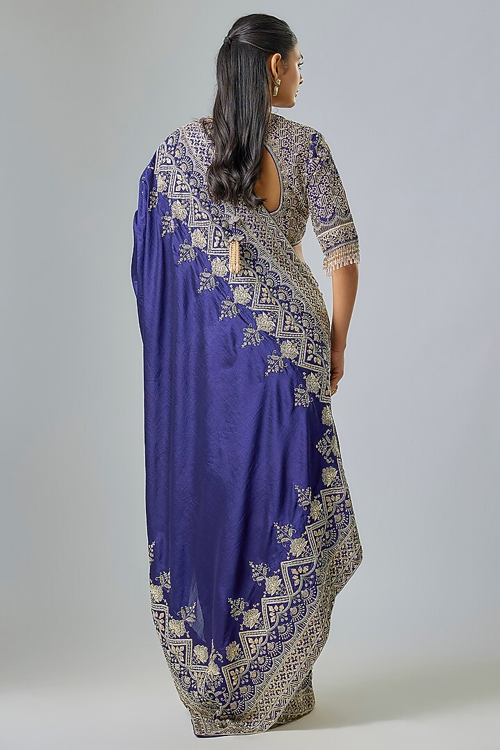 Purple Silk Zardosi Embroidered Bridal Saree Set by Jayanti Reddy at Pernia's Pop Up Shop